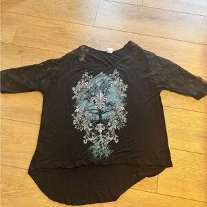Black Lace Sleeve Tree Graphic Top
